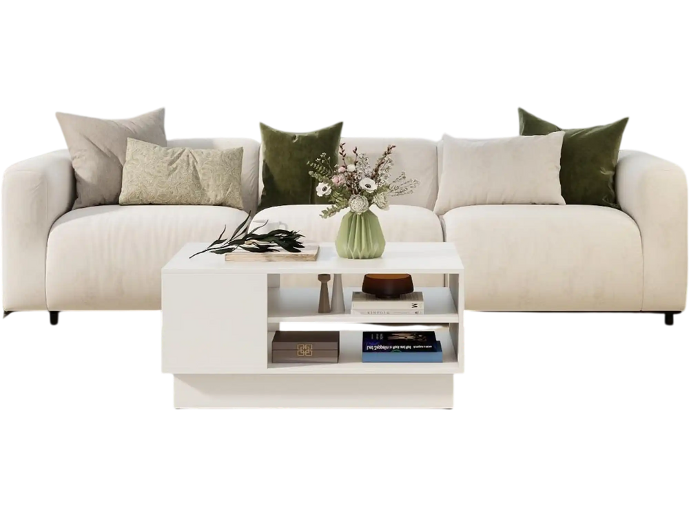5-piece modern living room furniture set featuring a side table, coffee table, and bookcase in a stylish arrangement.