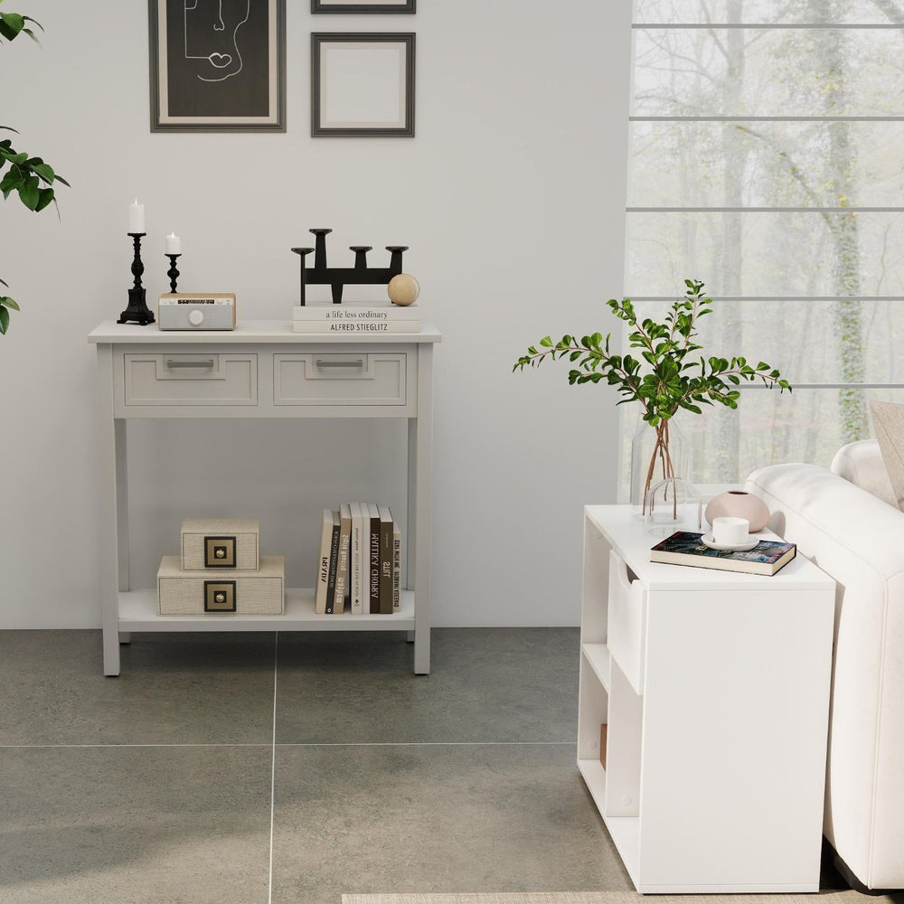 Console table in modern mid-century style, made of premium wood, offering ample storage for living room essentials.