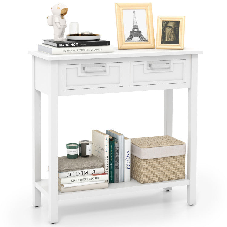 White console table with two drawers and open shelf, made of premium wood, perfect for modern living room decor.