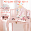 Kids vanity set featuring a spacious table top, tri-folding mirror, and deep drawer for ample storage and organization.