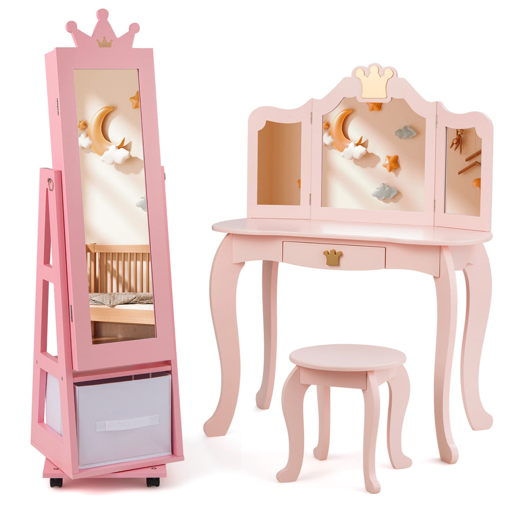 Kids vanity set featuring a pink table, stool, and jewelry armoire with full-length mirror for stylish playtime.