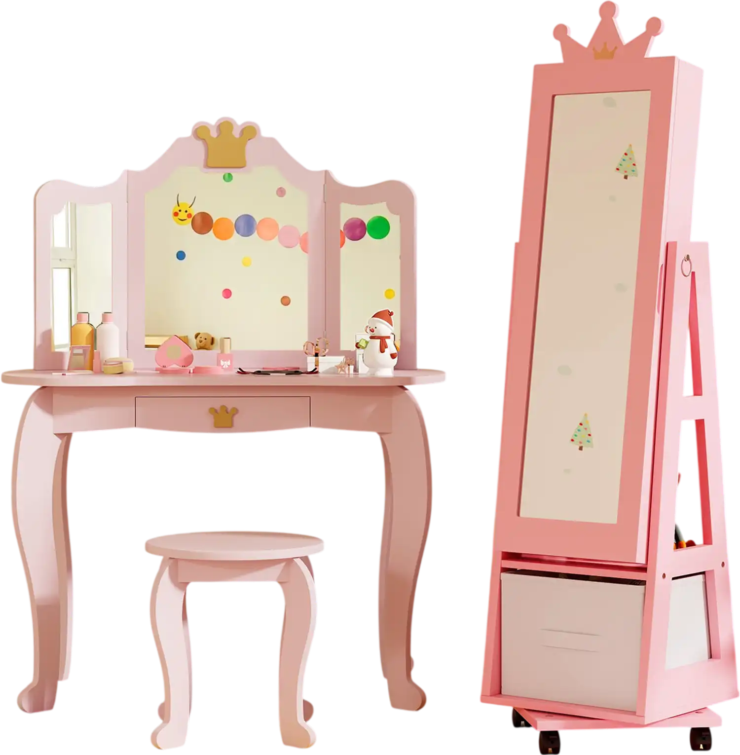 Costway Kids Vanity Set Jewelry Armoire Full-Length Mirror Drawer 32736765 New