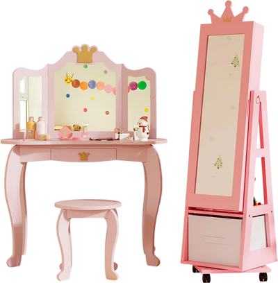 Costway Kids Vanity Set Jewelry Armoire Full-Length Mirror Drawer 32736765 New