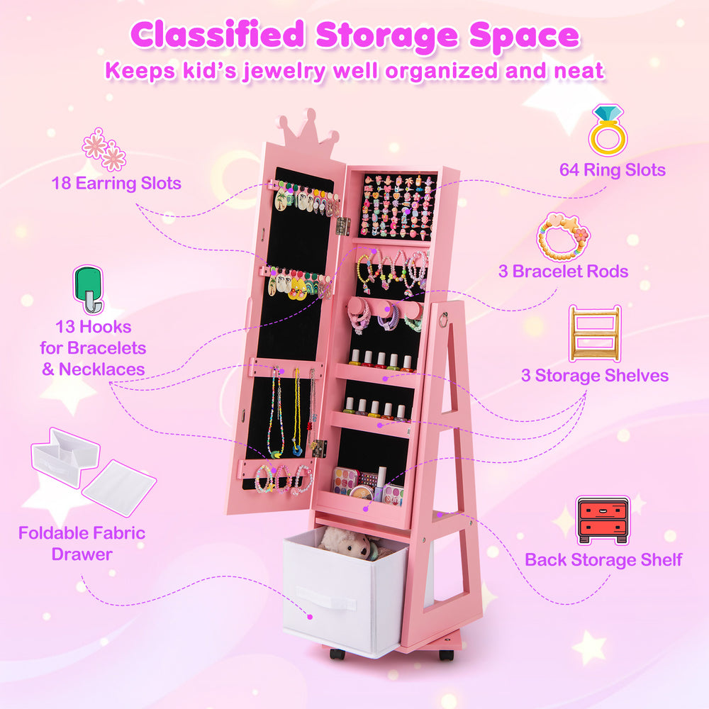 Kids jewelry armoire with full-length mirror, 18 earring slots, and 13 hooks for organized storage and easy access.