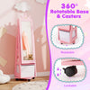 Kids vanity set with full-length mirror, 360° rotatable base, and drawer for ample storage in pink design.
