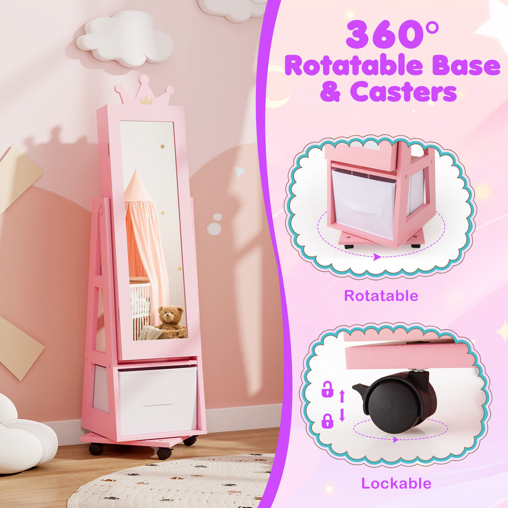 Kids vanity set with full-length mirror, 360° rotatable base, and drawer for ample storage in pink design.