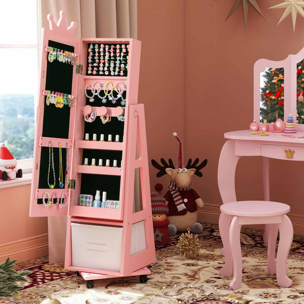 Kids jewelry armoire in pink with full-length mirror, featuring abundant storage and a 360° rotatable base for easy.