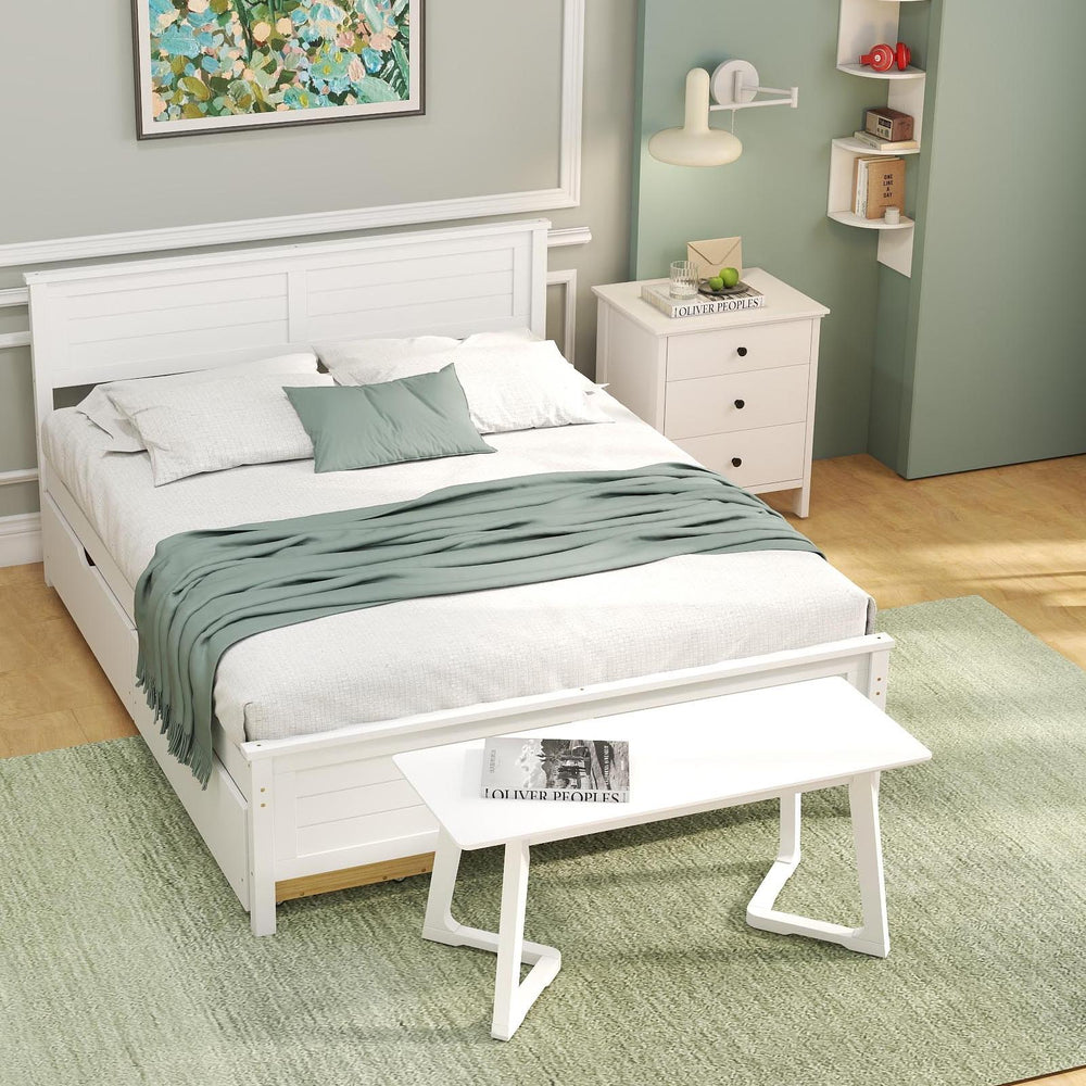 Twin size bed frame with drawers, entryway bench, vanity desk, and jewelry armoire in a stylish bedroom setting.