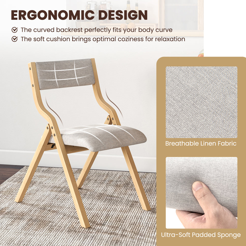 Folding dining chair with solid wood frame, upholstered in breathable linen fabric, ideal for compact spaces and.