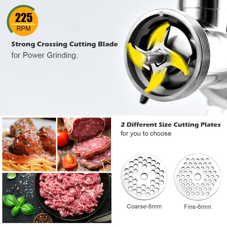 Heavy-duty 1.5HP commercial meat grinder with stainless-steel body and reverse mode for efficient meat grinding.