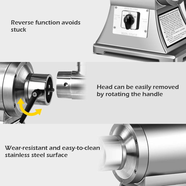 Heavy-duty commercial meat grinder with stainless steel surface, featuring reverse mode for easy jam clearance.