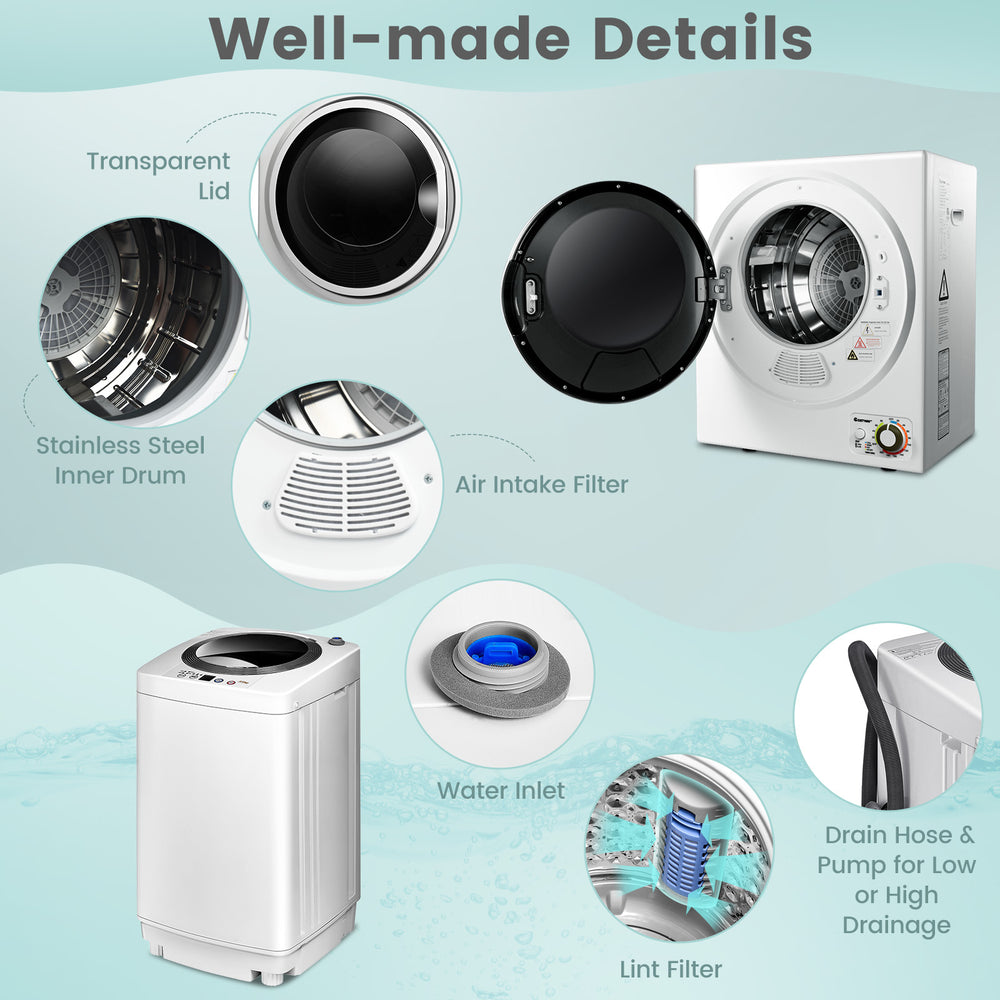 Electric laundry dryer and washing machine combo with transparent lid, stainless steel drum, and lint filter for.