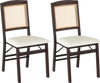 Set of 2 folding dining chairs with rubber wood frame, linen padded seats, and rattan backrest for stylish comfort.