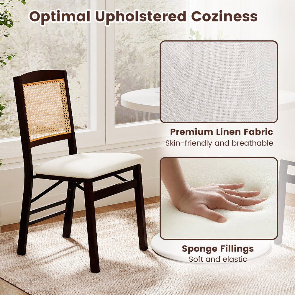 Folding dining chair with a rubber wood frame and linen padded seat, ideal for kitchen or dining room use.