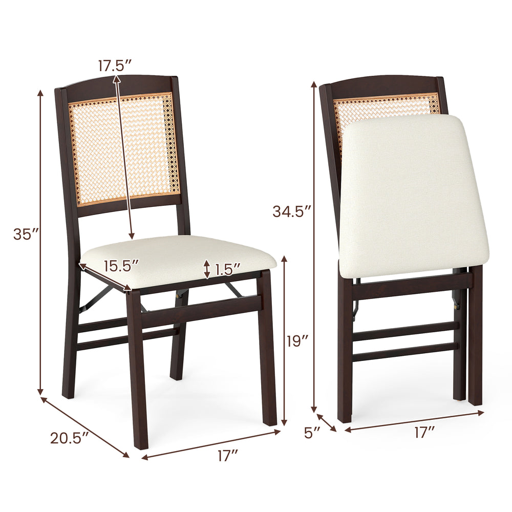 Folding dining chair set of 2 with rubber wood frame, linen padded seat, and rattan backrest for stylish comfort.