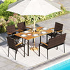 Outdoor dining set featuring a hand-woven PE rattan design and acacia wood tabletop, perfect for garden gatherings.