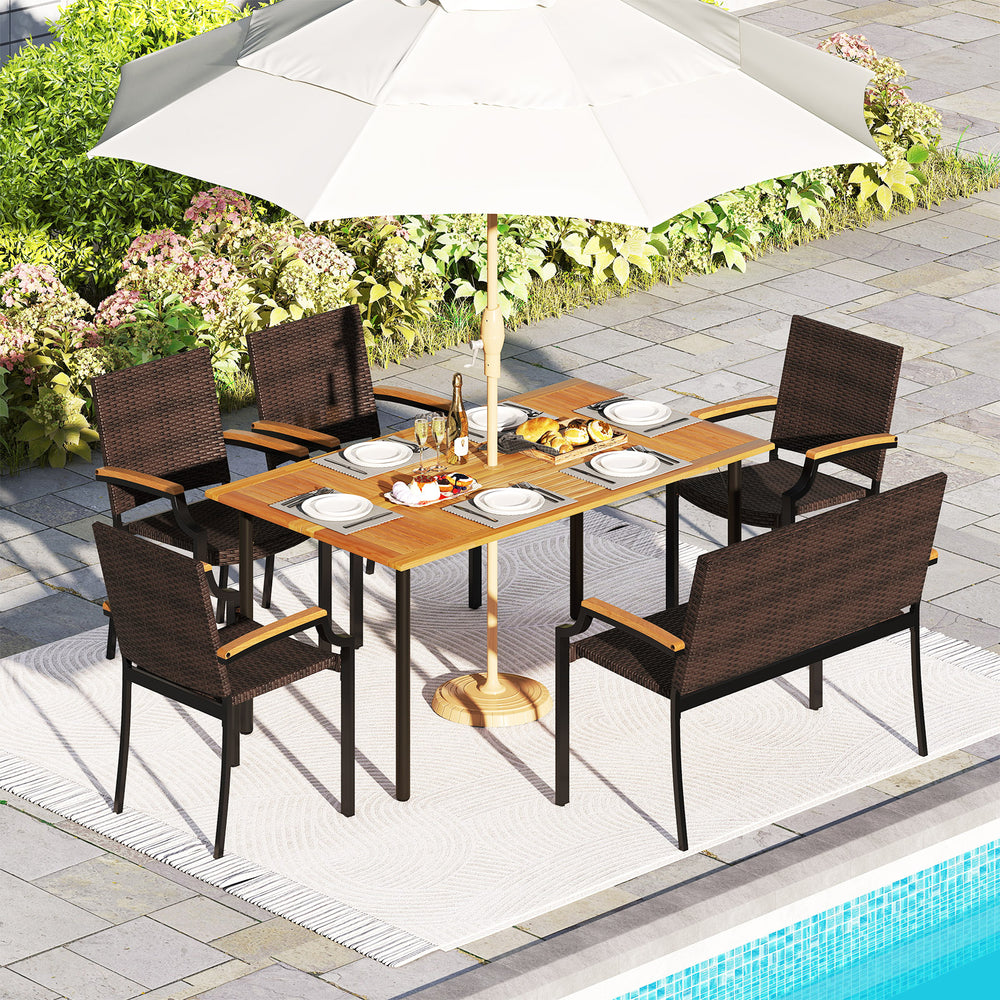 Outdoor dining set featuring a hand-woven PE rattan design and acacia wood tabletop, perfect for garden gatherings.