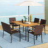 Outdoor dining set featuring a sturdy acacia wood tabletop and hand-woven PE rattan chairs, perfect for backyard.