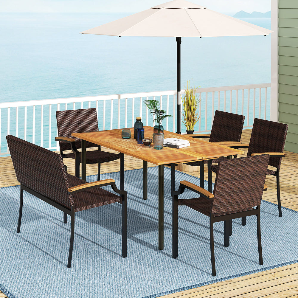 Outdoor dining set featuring a sturdy acacia wood tabletop and hand-woven PE rattan chairs, perfect for backyard.