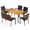 Set of six outdoor dining chairs with hand-woven PE rattan and ergonomic design, ideal for patio dining and relaxation.