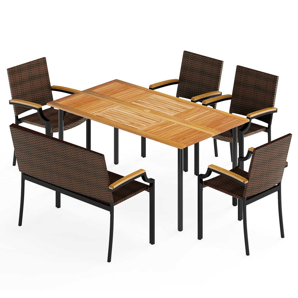 Set of six outdoor dining chairs with hand-woven PE rattan and ergonomic design, ideal for patio dining and relaxation.