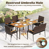 6-piece outdoor dining set featuring a hand-woven PE rattan design and acacia wood tabletop, perfect for backyard.