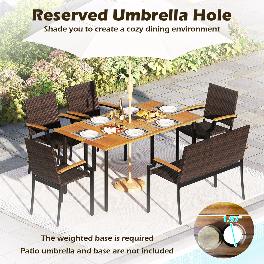 6-piece outdoor dining set featuring a hand-woven PE rattan design and acacia wood tabletop, perfect for backyard.