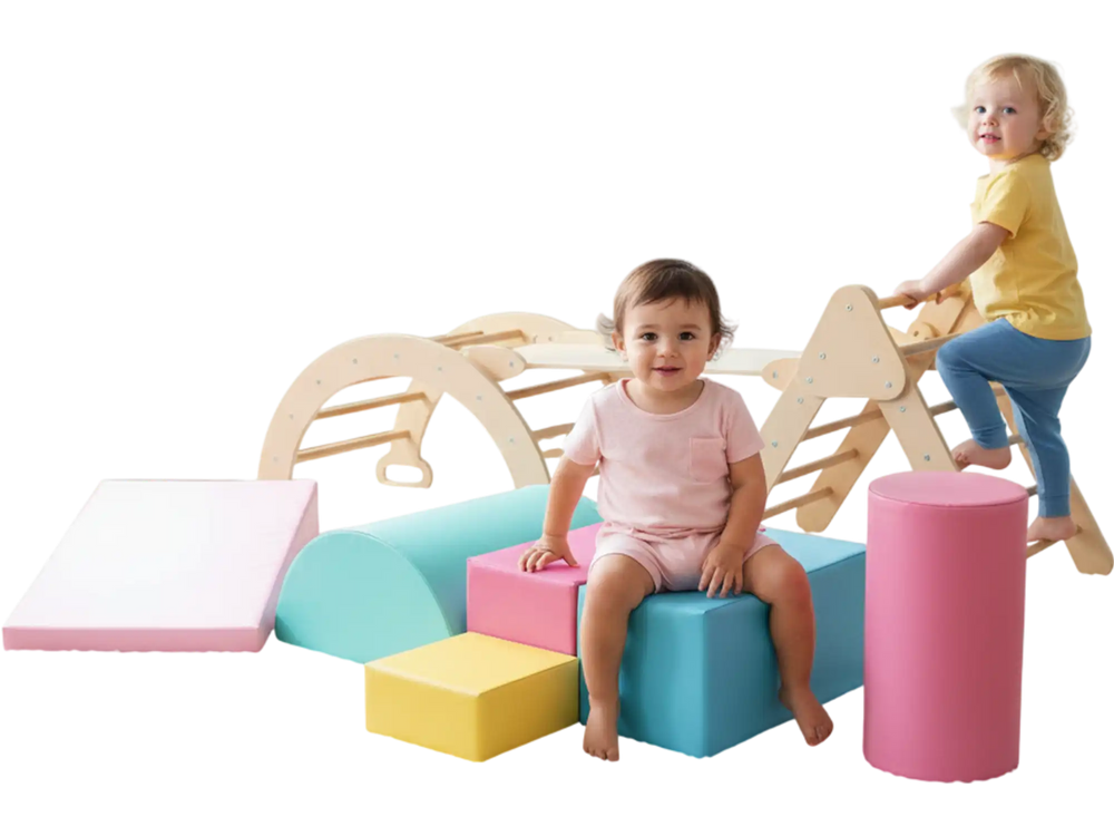 7-in-1 Pikler Triangle Set with 6-Piece Foam Blocks for Toddlers Indoor Playground