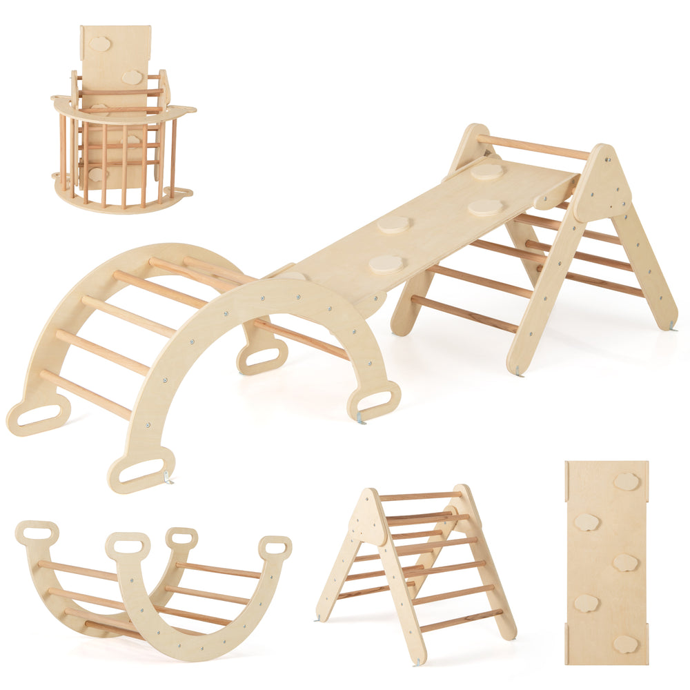 7-in-1 Pikler Triangle Set featuring a climbing triangle, arch, and adjustable ramp for toddlers' indoor play.