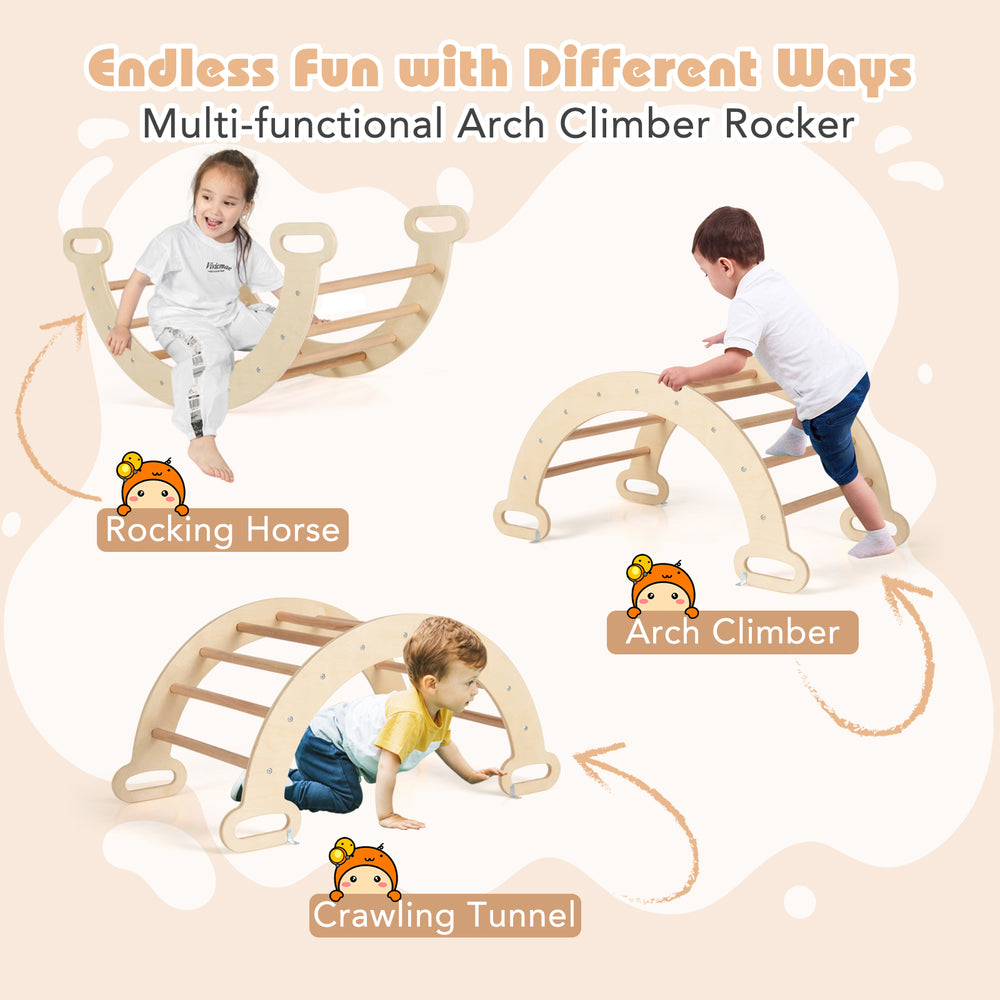 Multi-functional Pikler triangle set with climbing arch and foam blocks for toddlers' indoor playground fun.