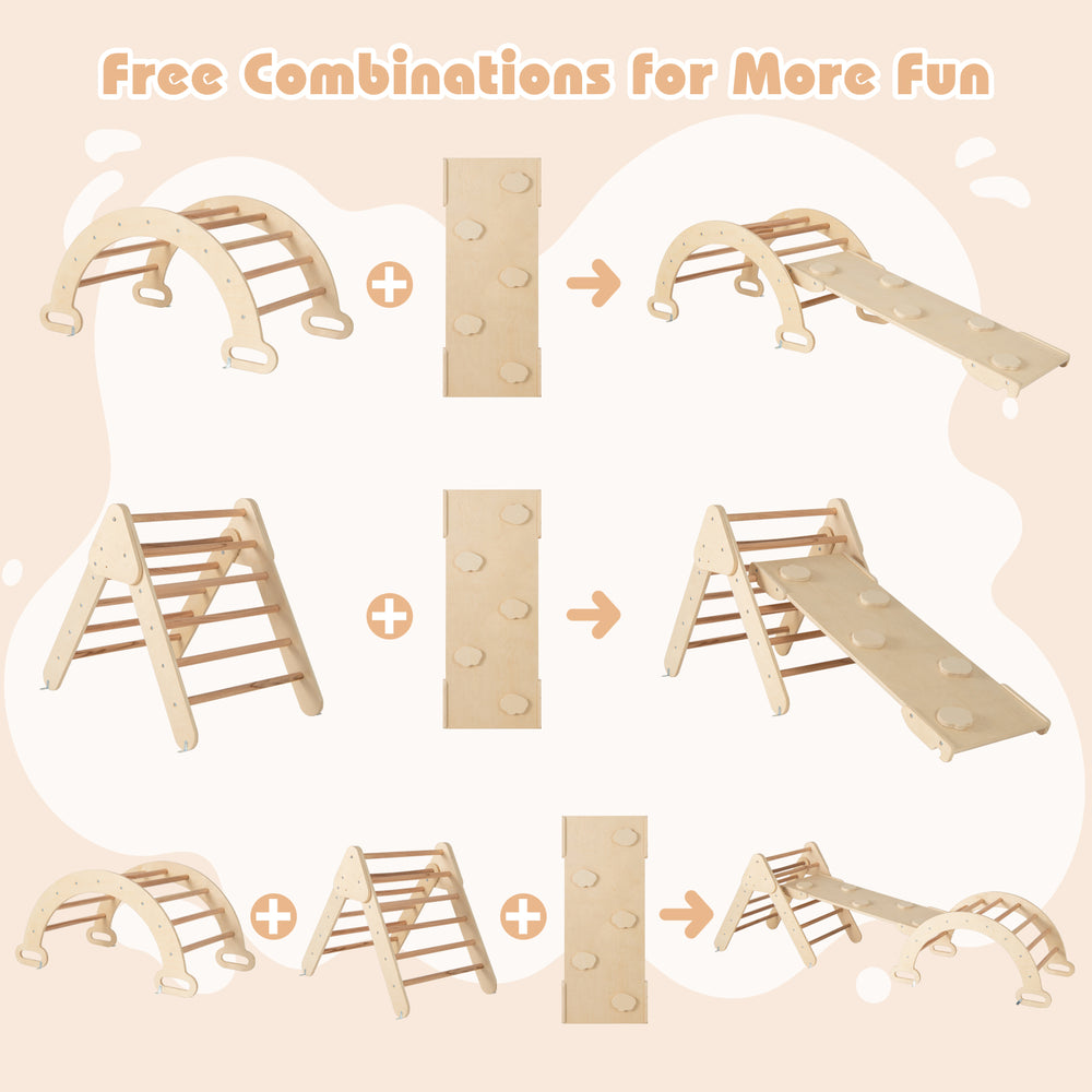 7-in-1 Pikler Triangle Set featuring climbing triangle, arch, and adjustable ramp for toddlers' indoor play.