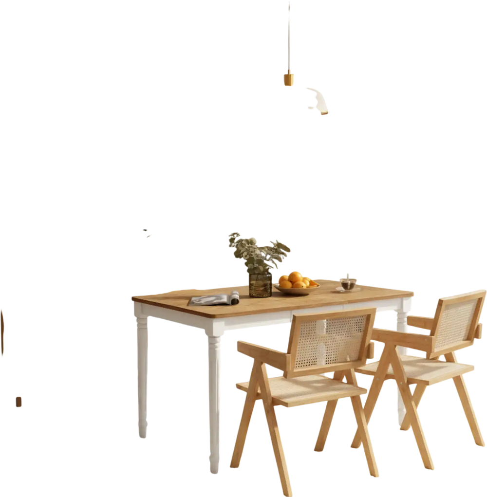 Stylish kitchen dining set featuring a smooth oak veneer tabletop and two rattan accent chairs, perfect for modern.
