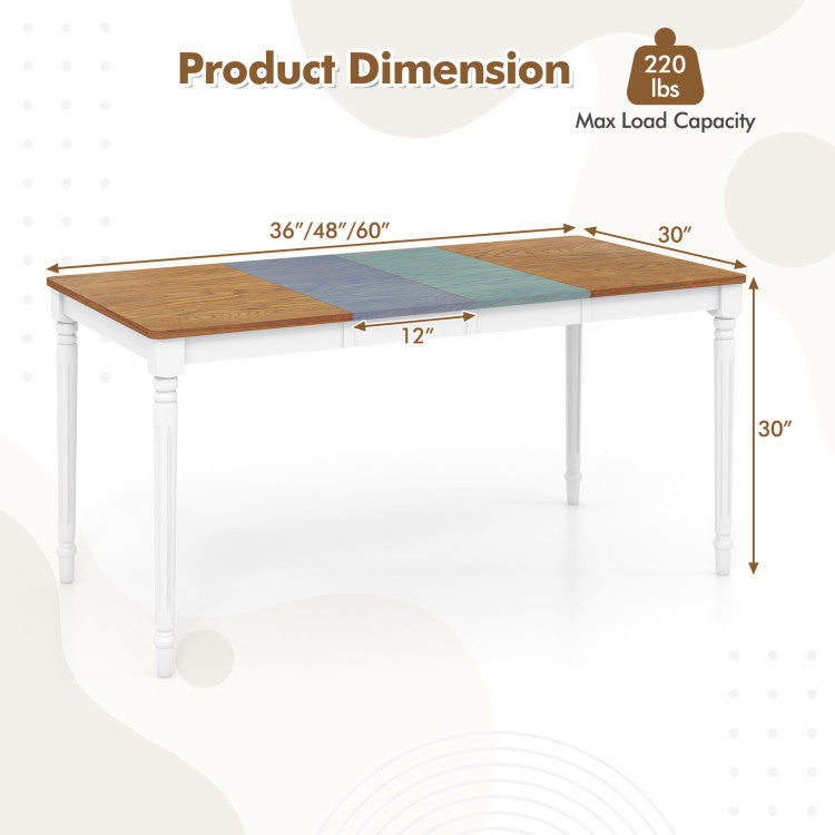 Extendable dining table with oak veneer top, measuring 36" to 60", ideal for dining rooms or kitchens.