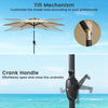 Adjustable umbrella with crank handle and tilt mechanism for customizable shade, paired with a wooden picnic table set.