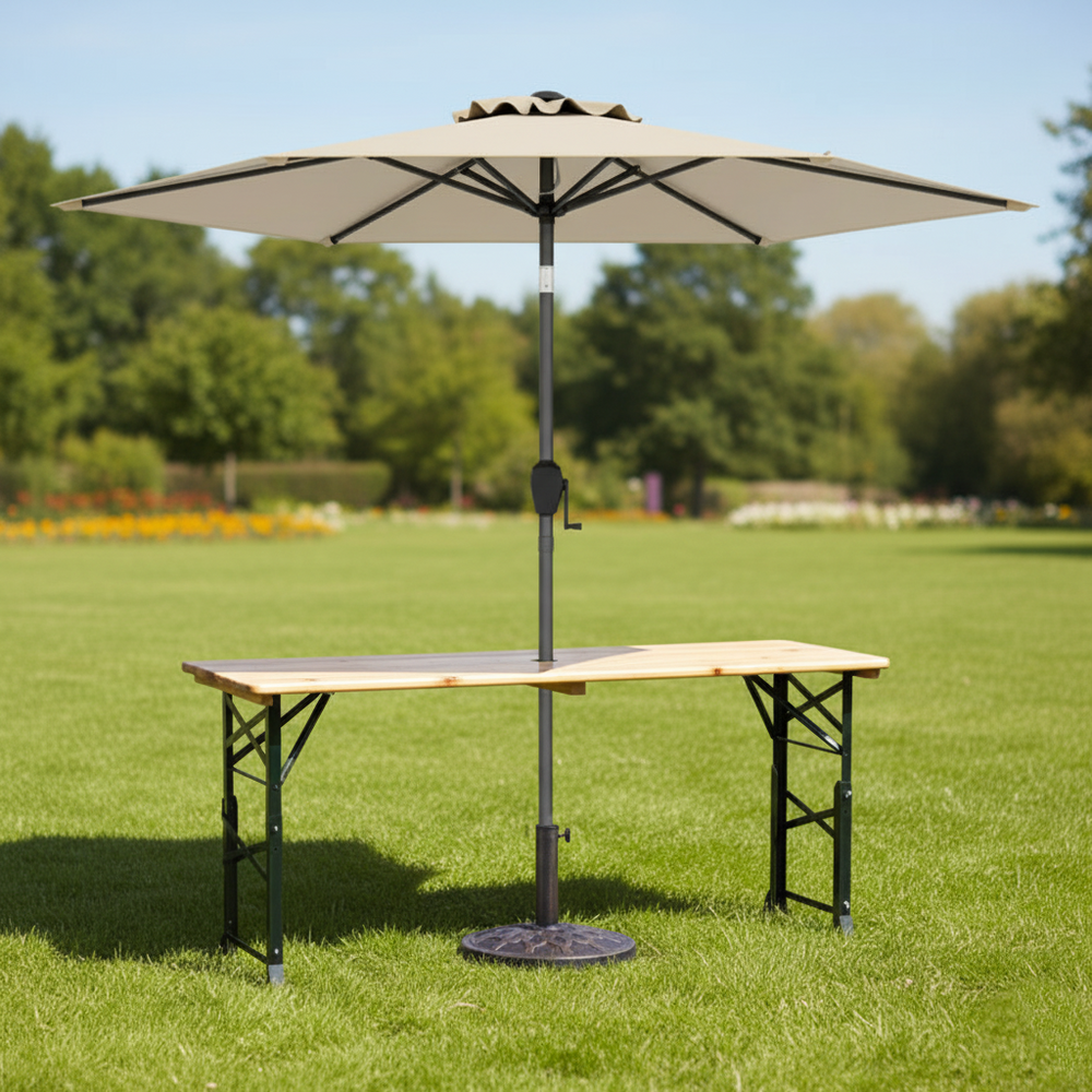 Folding picnic table set with adjustable height and sturdy umbrella base, ideal for outdoor activities and easy.