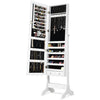 Lockable mirrored jewelry cabinet with 8 shelves, 38 hooks, and full-length mirror for organized storage and display.