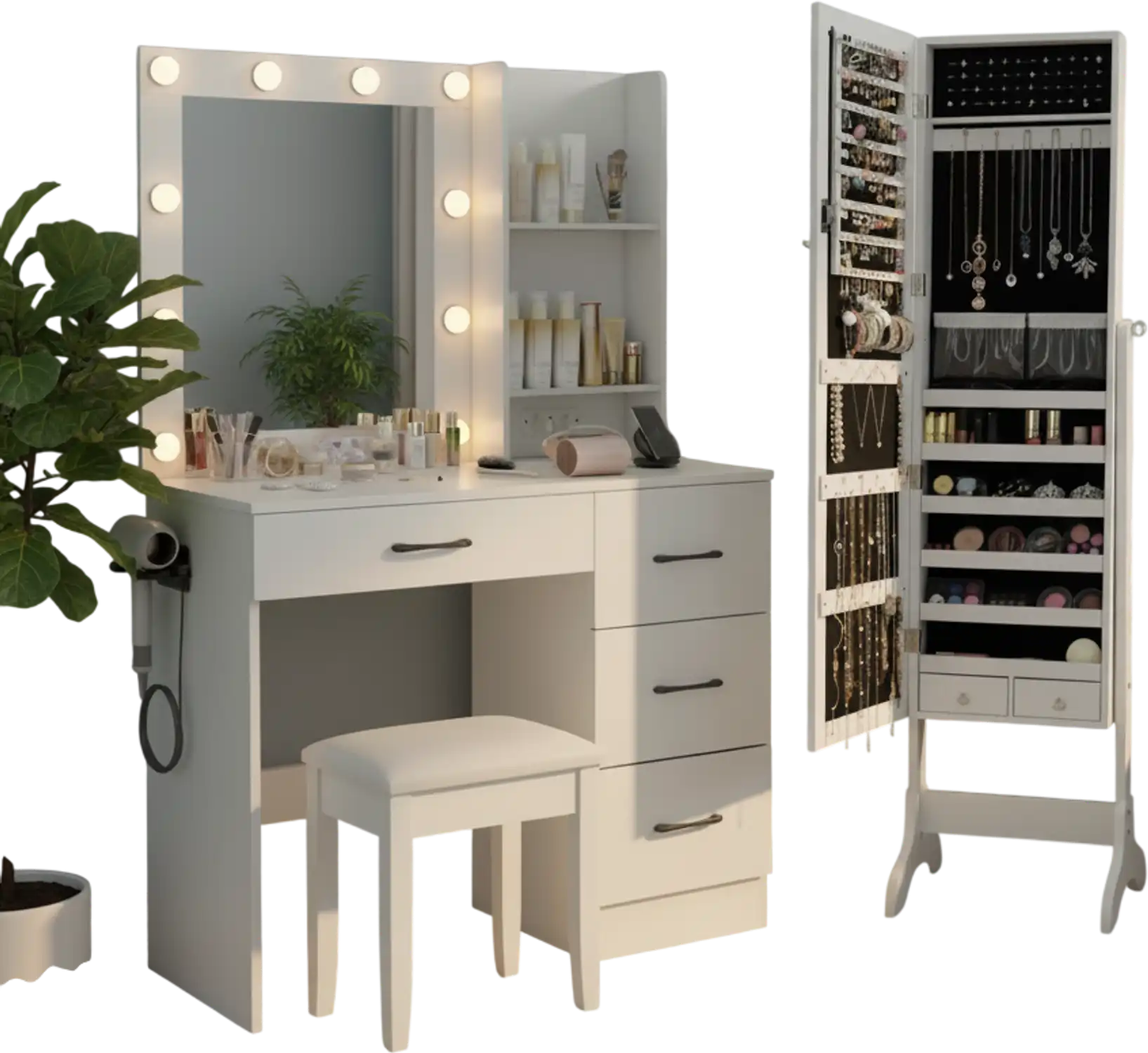 Costway Bedroom Vanity Desk Lockable Mirrored Jewelry Cabinet Set 62262359 New