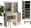 Vanity desk with lockable mirrored jewelry cabinet, featuring spacious storage, adjustable lighting, and a full-length.