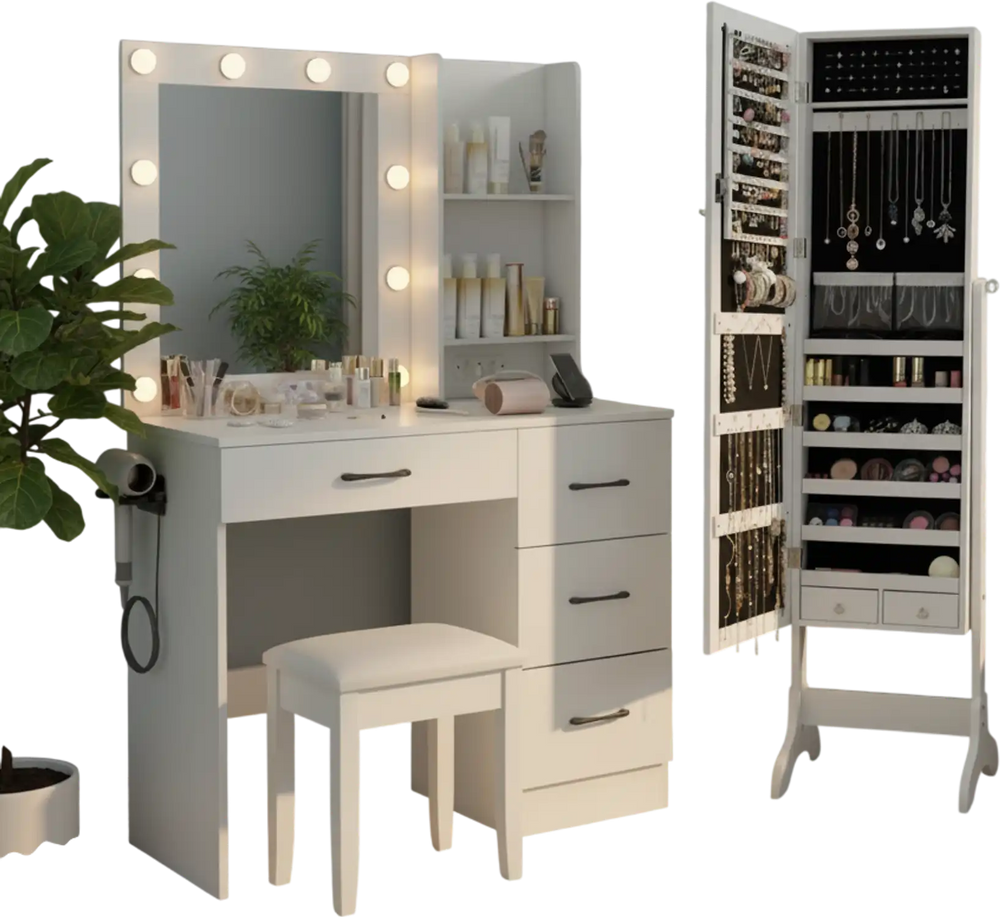 Vanity desk with lockable mirrored jewelry cabinet, featuring spacious storage, adjustable lighting, and a full-length.