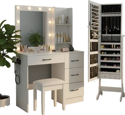 Costway Bedroom Vanity Desk Lockable Mirrored Jewelry Cabinet Set 62262359 New
