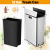 Slim 12-gallon stainless steel trash can with soft-closing lid, ideal for kitchen organization and space-saving.