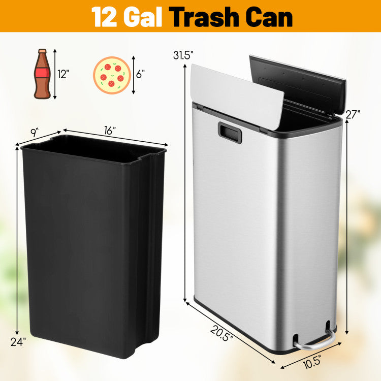Slim 12-gallon stainless steel trash can with soft-closing lid, ideal for kitchen organization and space-saving.