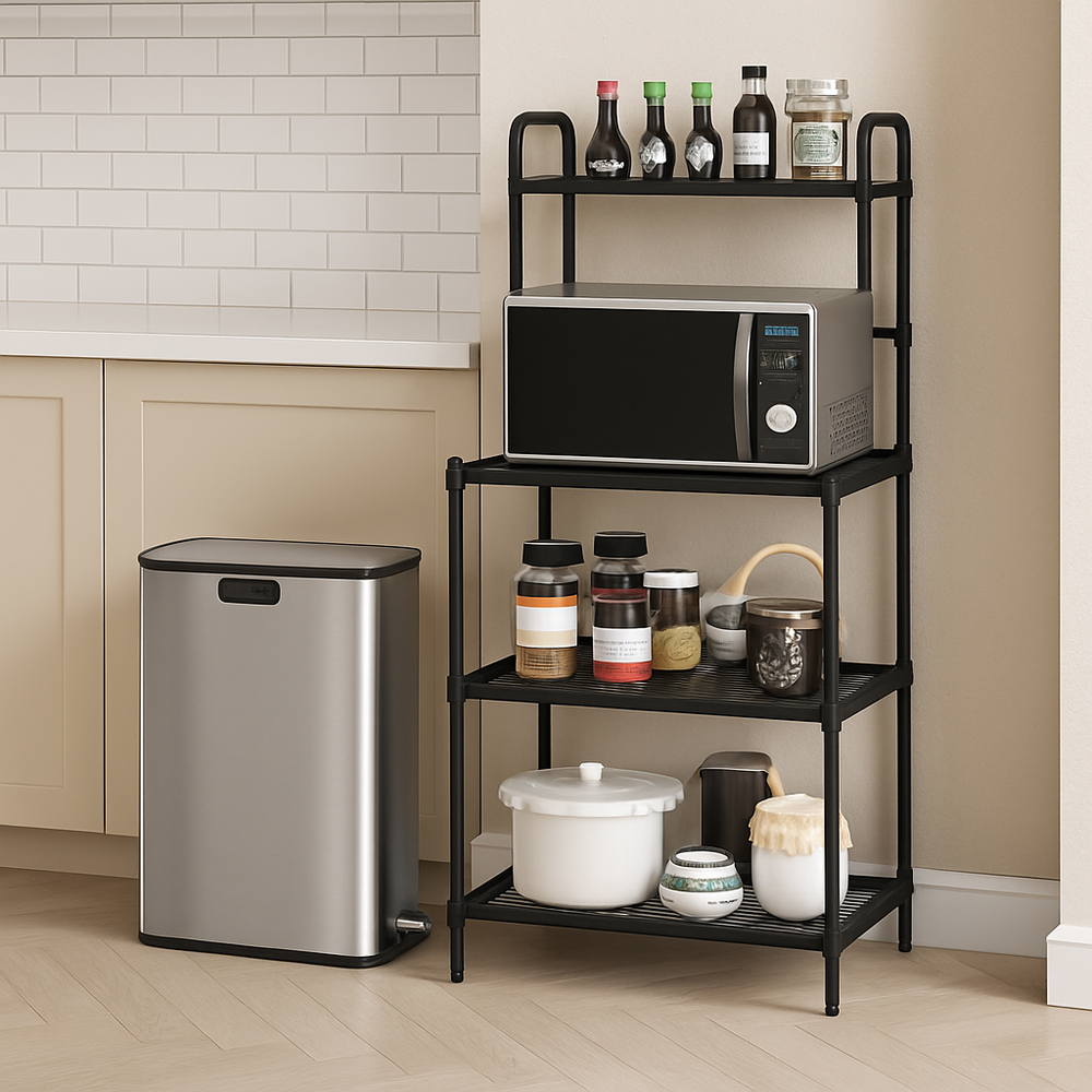 4-tier kitchen microwave storage rack with stainless steel trash can, ideal for organizing appliances and maximizing.