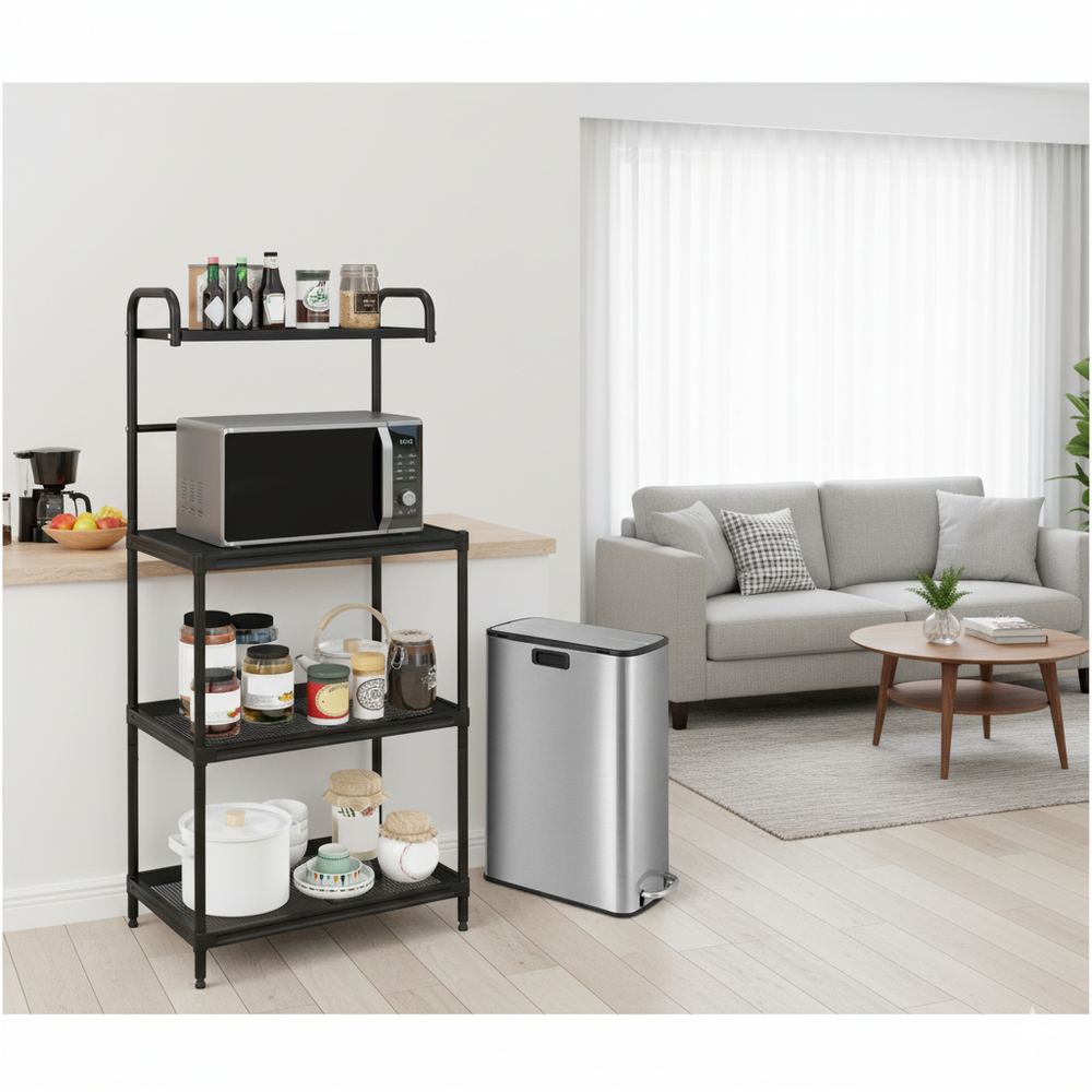 4-tier kitchen microwave storage rack with open-wire shelves and slim stainless steel trash can for efficient.