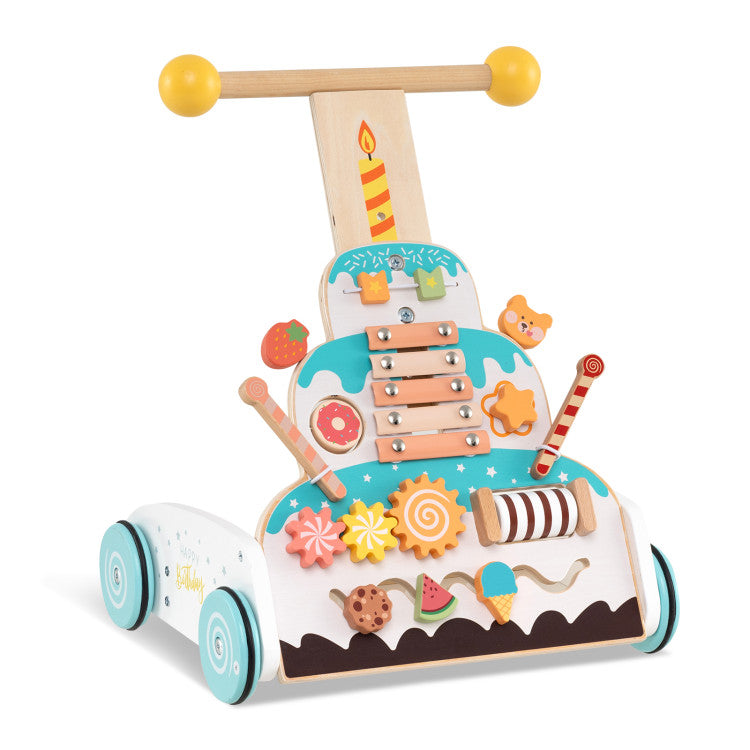 Wooden baby walker with adjustable handle, colorful buttons, and smooth wheels for safe, fun learning and play.