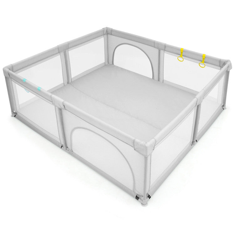 Large infant playpen with 360° visible mesh design, perfect for safe crawling and standing, measuring 81” x 73” x 27”.