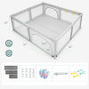 Large infant playpen measuring 81” x 73” x 27”, featuring a 360° mesh design for visibility and safety during play.