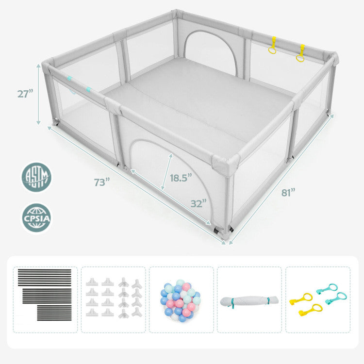 Large infant playpen measuring 81” x 73” x 27”, featuring a 360° mesh design for visibility and safety during play.