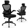 Ergonomic black mesh office chair with adjustable height and lumbar support, designed for comfort in home office use.