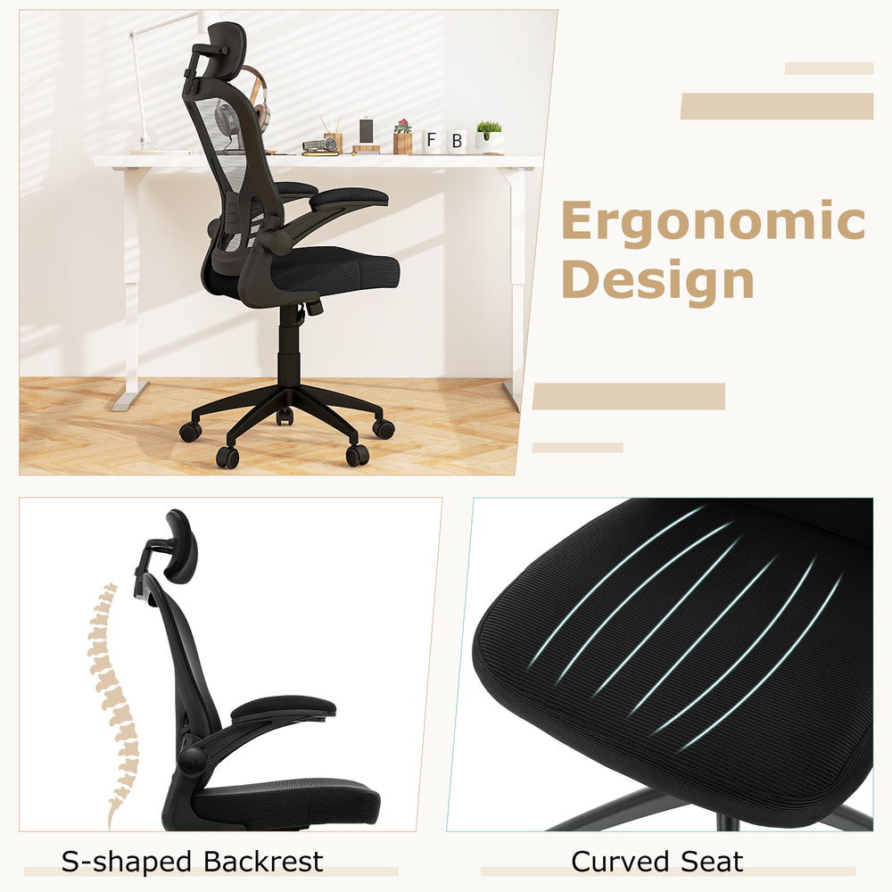 Ergonomic mesh office chair with S-shaped backrest and curved seat, designed for comfort in a home office setup.